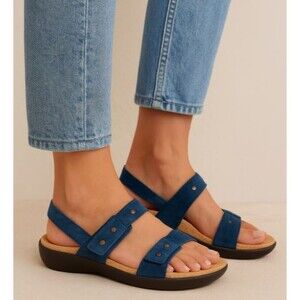 Revitalign Women’s 10 Blue Suede Comfort Sandals Orthotic Cork Footbed Slip-On